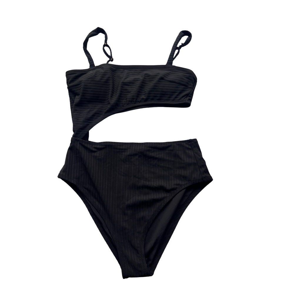 Shade & Shore Womens Size M One Piece Swimsuit Black Wireless Slit Waist Striped